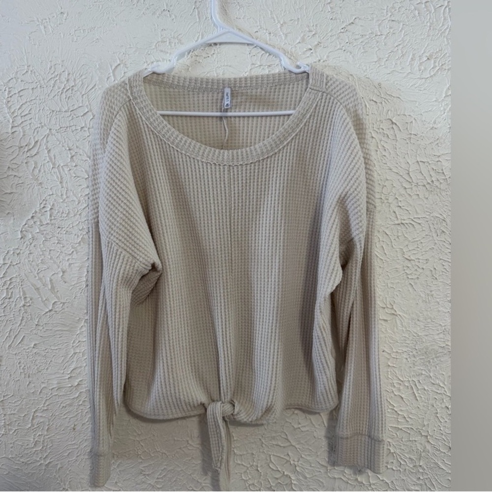 Cream Waffle Knit Tie-Front Sweater